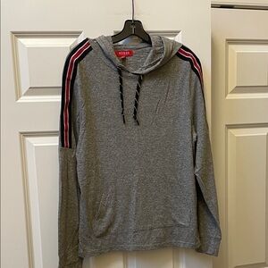 Guess Men’s Gray Hoodie with Black and Red Shoulder Stripes